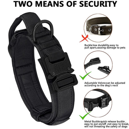 Black dog collar with adjustable Velcro and metal buckle, featuring text on durability and safety.