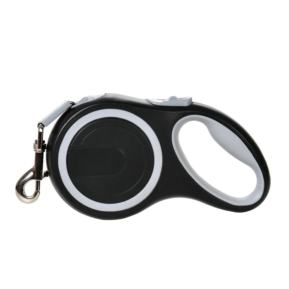 Black and white retractable dog leash on a white background