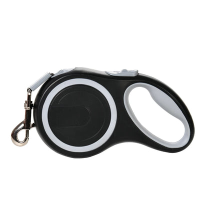 Black and white retractable dog leash on a white background