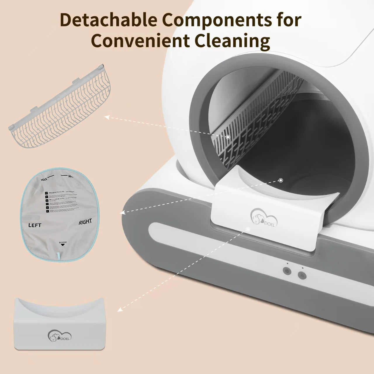 Cleaning device with detachable components on a beige background