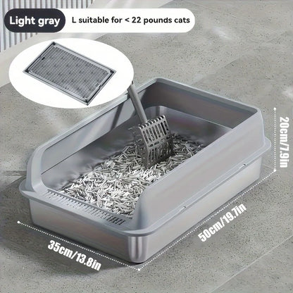 Cat litter box with dimensions and features on a concrete floor