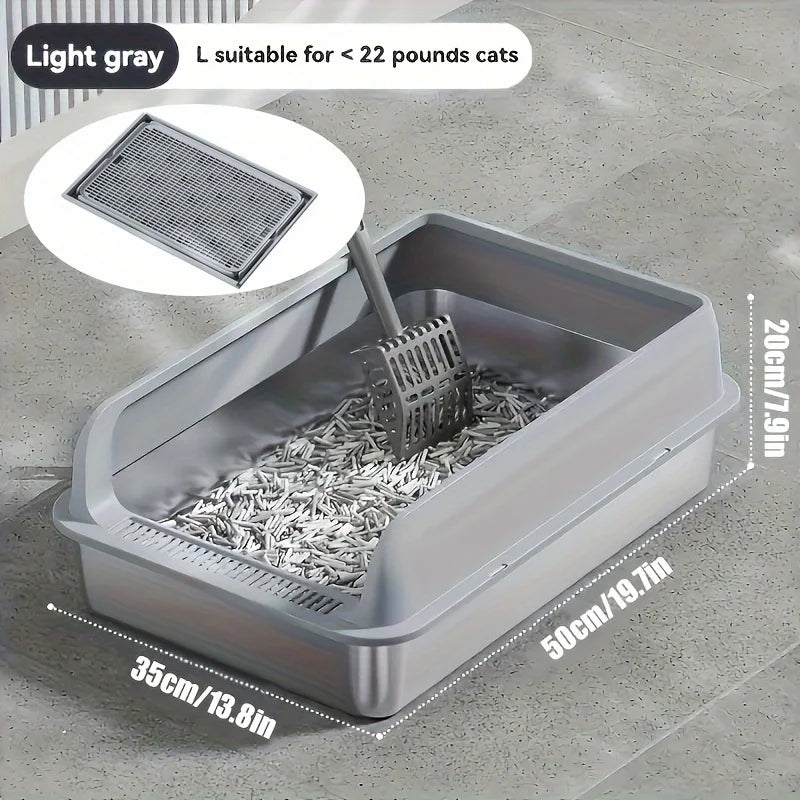 Cat litter box with dimensions and features on a concrete floor