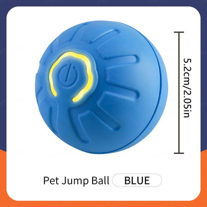 Blue pet jump ball with yellow center and dimensions on a white background