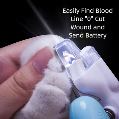 Pet nail trimmer being used on a cat's paw with text indicating features.
