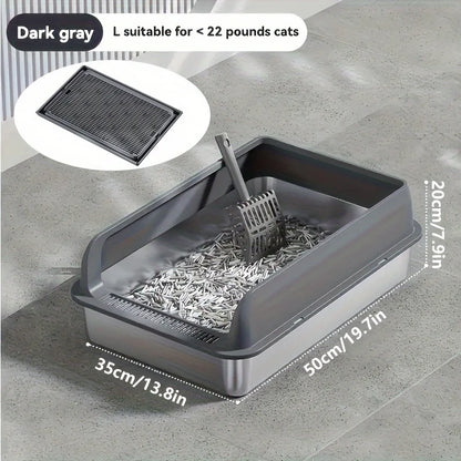 Gray cat litter box with scoop on a concrete floor, showing dimensions and suitability for cats under 22 pounds.