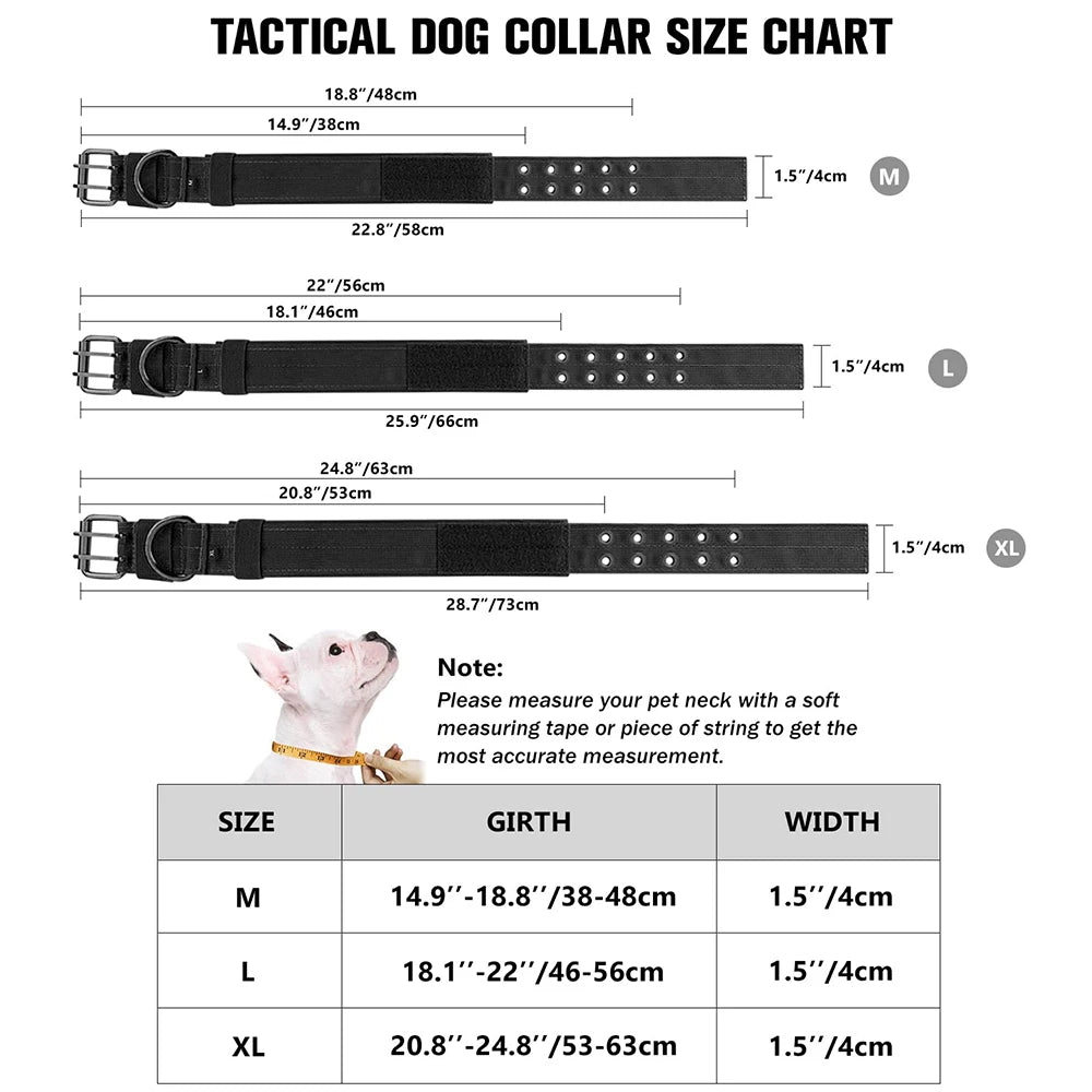 Tactical dog collar size chart with measurements and a small dog wearing a collar for scale.