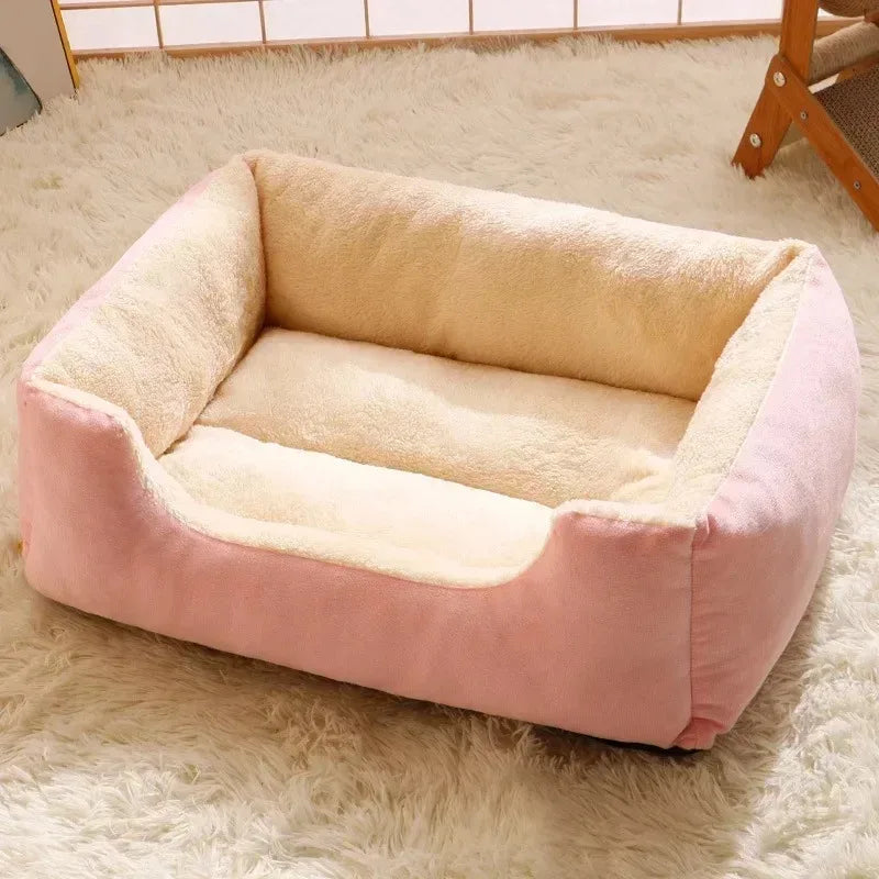 Pink and beige pet bed on a fluffy carpet