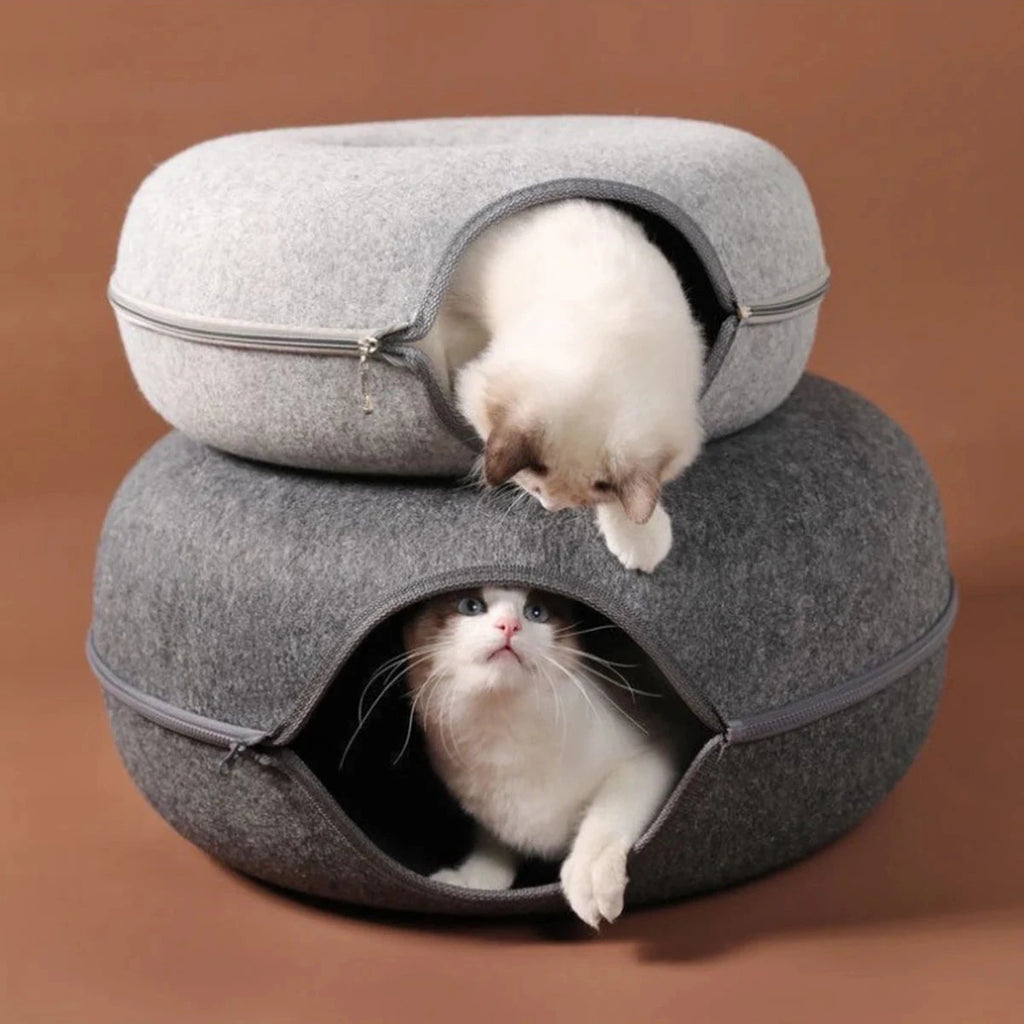 Felt Donut Cat Bed with Tunnel – 2 in 1 Cat House & Play Toy
