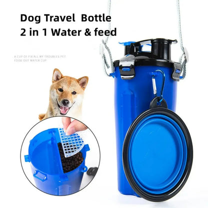 Blue dog travel bottle with detachable bowl, featuring a dog and close-up of the product on a white background.