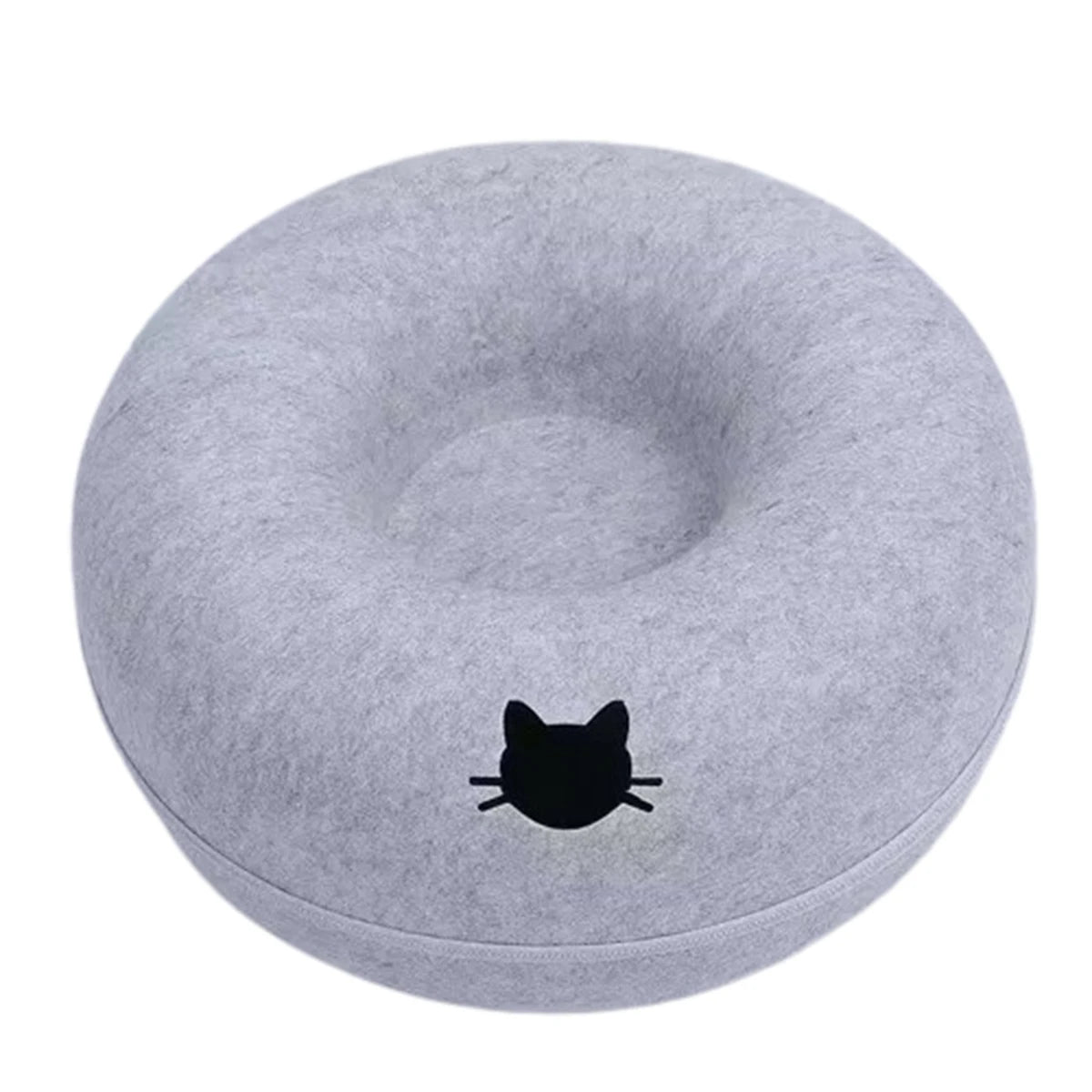 Gray donut-shaped cushion with a black cat design on a white background