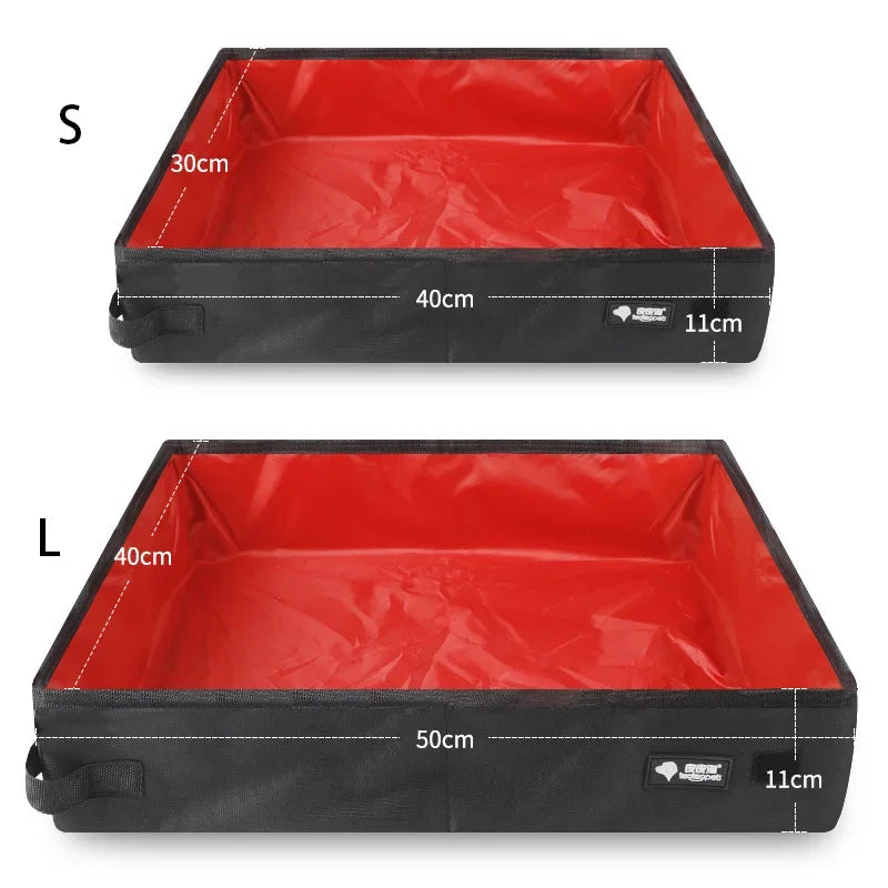 Two black pet litter boxes with red interior, labeled S and L, showing dimensions on a white background.