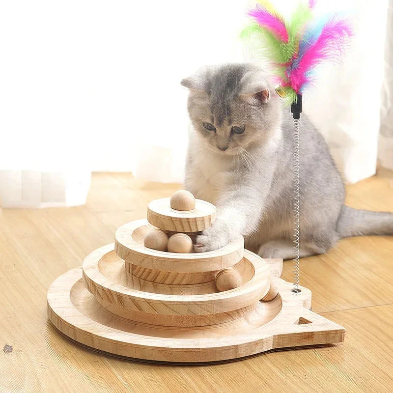 Wooden Cat Toy Tower with Tracks – Interactive Triple Ball Play