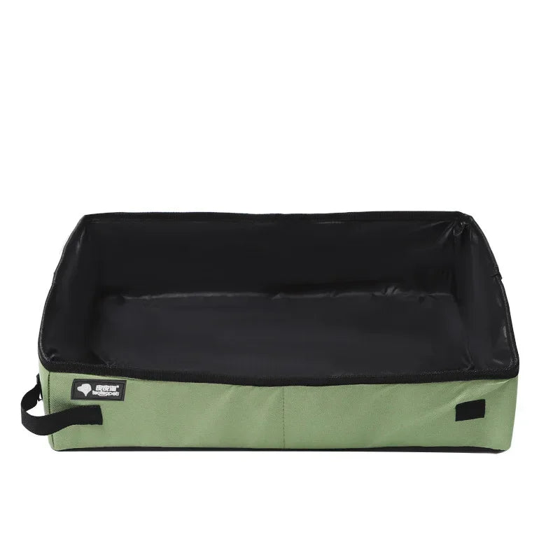 Green and black pet litter box with a visible brand logo on a white background