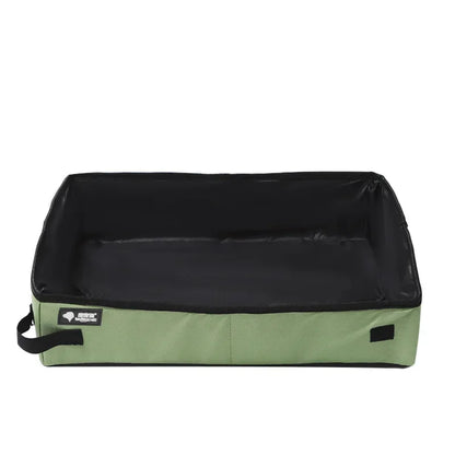 Green and black pet bed with a visible brand logo on a white background
