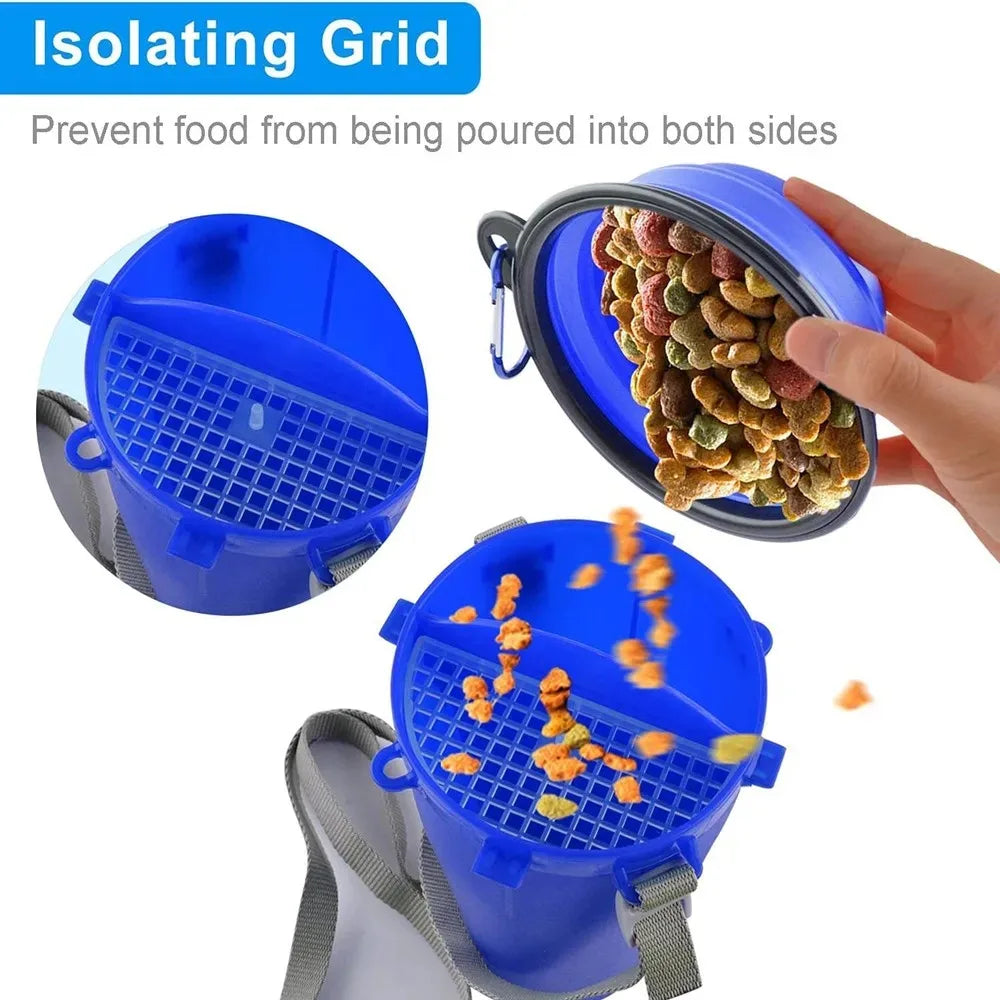 Blue pet food container with isolating grid preventing food from spilling.