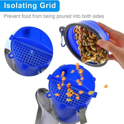 Blue pet food container with isolating grid preventing food from spilling.