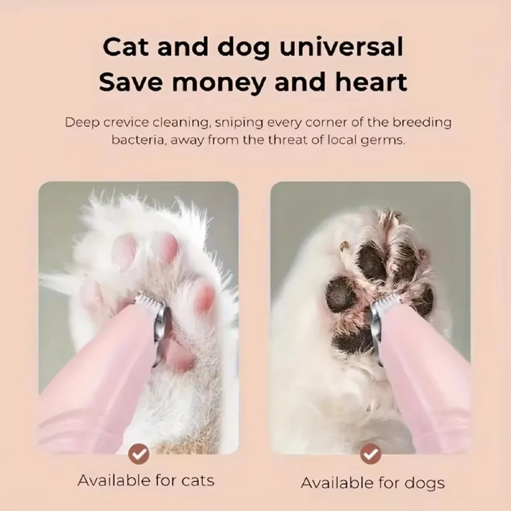 Product advertisement for pet grooming tool showing close-up of a paw being cleaned with text about deep cleaning and saving money.
