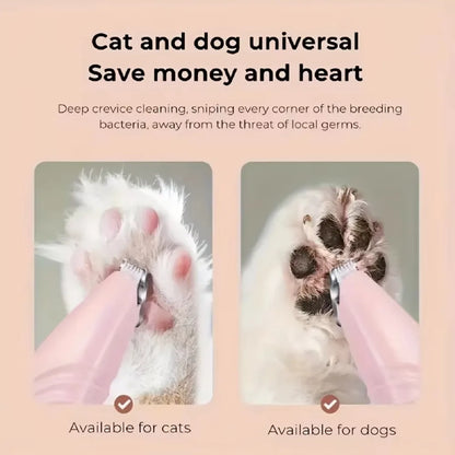 Product advertisement for pet grooming tool showing close-up of a paw being cleaned with text about deep cleaning and saving money.