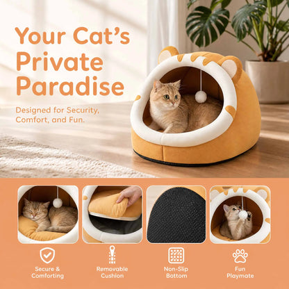 Cat bed designed for security, comfort, and fun with a cat inside, surrounded by plants and soft lighting.