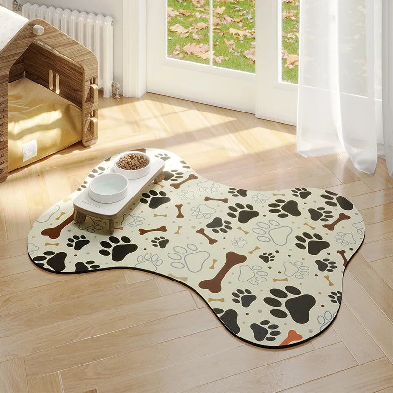 Pet-themed rug with paw prints and bones on a wooden floor, next to a pet bed.