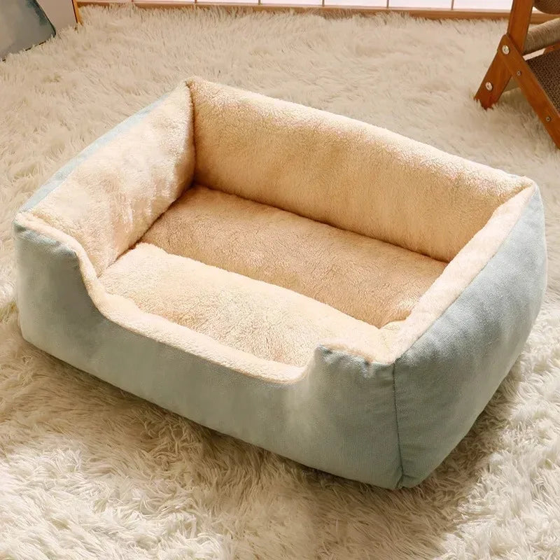 Pet bed with a soft texture on a carpeted floor