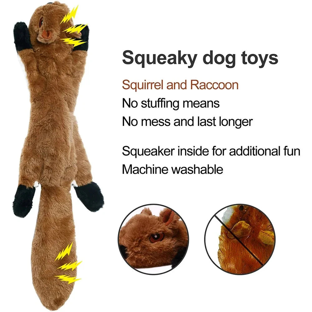 Squeaky dog toy shaped like a squirrel with text highlighting features on a white background