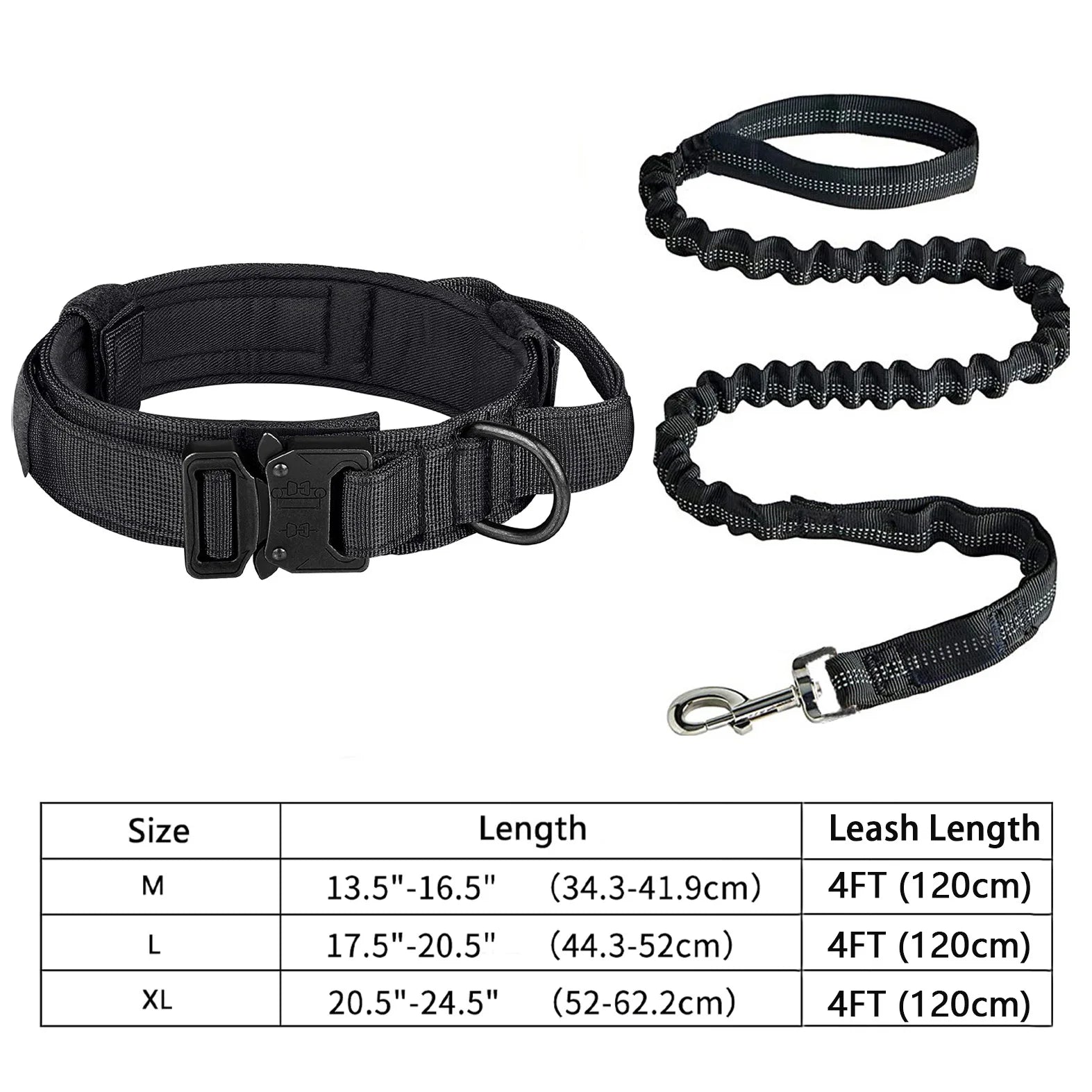 Black dog collar and leash set with size chart on a white background