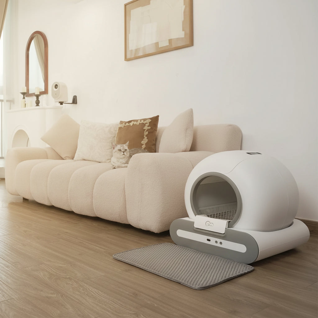 cat litter box with waste bin in a living room setting, showing space efficiency.