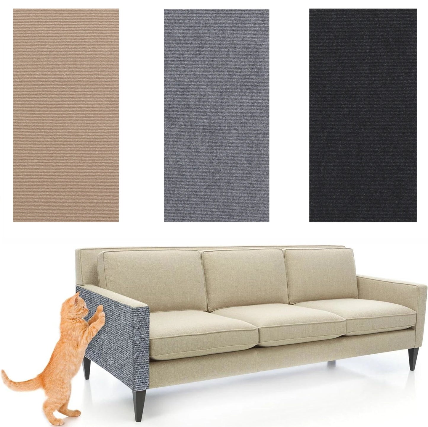 Beige sofa with cat on a white background, surrounded by fabric swatches in brown, gray, and black.