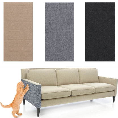 Beige sofa with cat on a white background, surrounded by fabric swatches in brown, gray, and black.