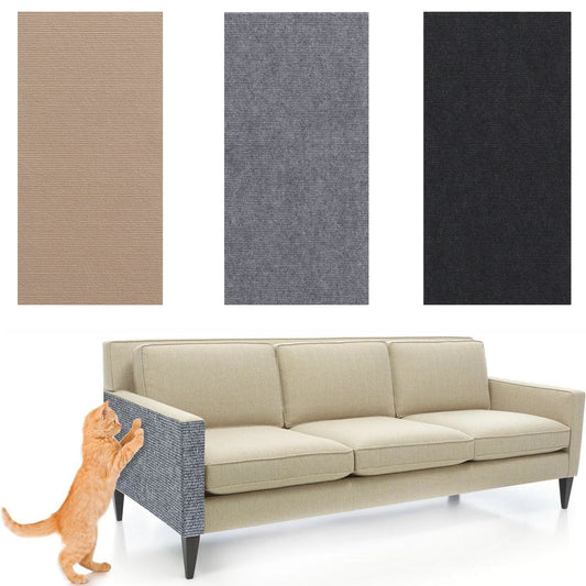 Beige sofa with cat on a white background, surrounded by fabric swatches in brown, gray, and black.