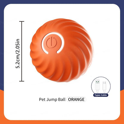 Orange pet jump ball with dimensions and cable icon on a white background