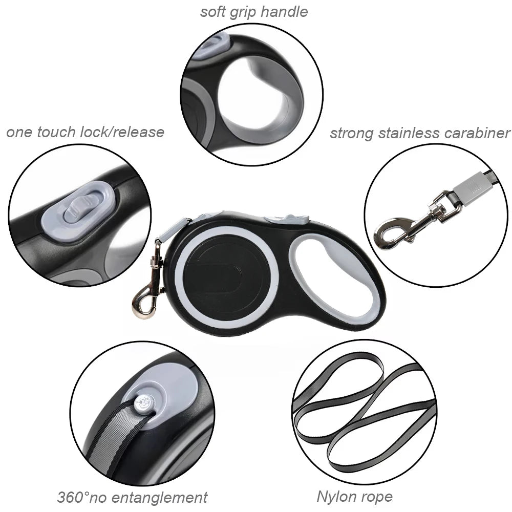 Retractable dog leash with features highlighted on a white background