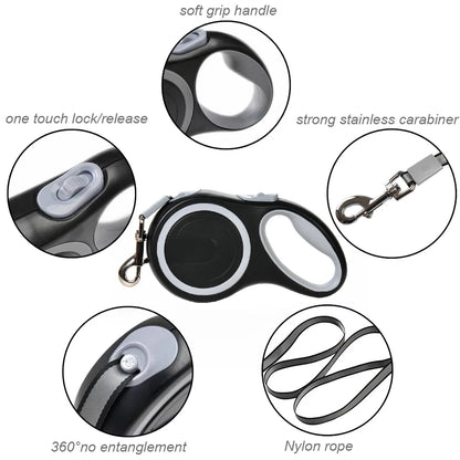 Retractable dog leash with features highlighted on a white background