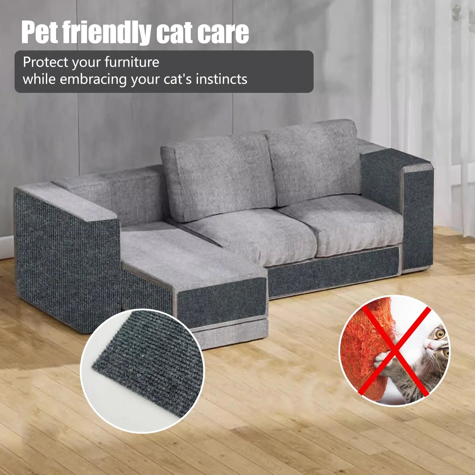 Gray sectional sofa with pet-friendly cat care solution on a wooden floor.