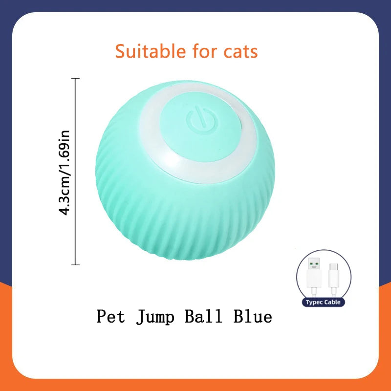 Blue pet jump ball with dimensions and text indicating suitability for cats on a white background.