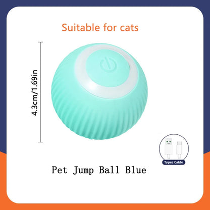 Blue pet jump ball with dimensions and text indicating suitability for cats on a white background.
