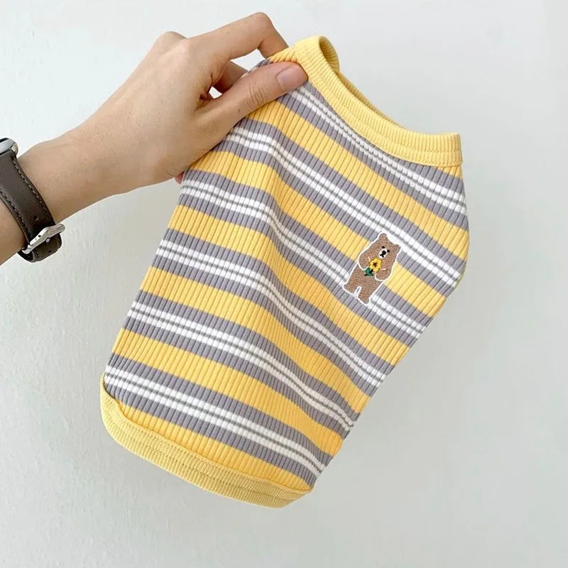 Cotton rib dog shirt in brown stripe on a small dog