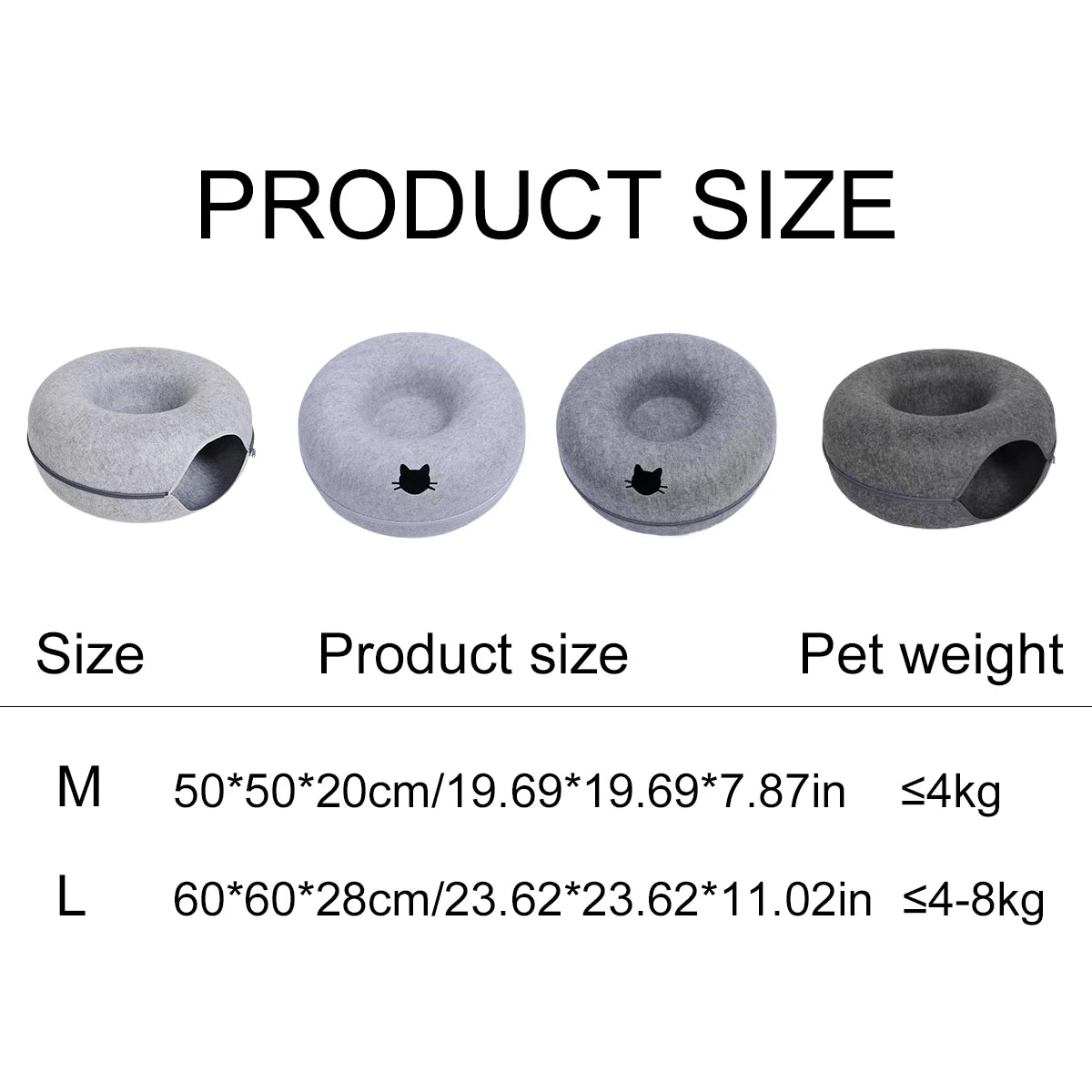 Product size chart with four gray cylindrical objects and corresponding measurements and pet weight limits.