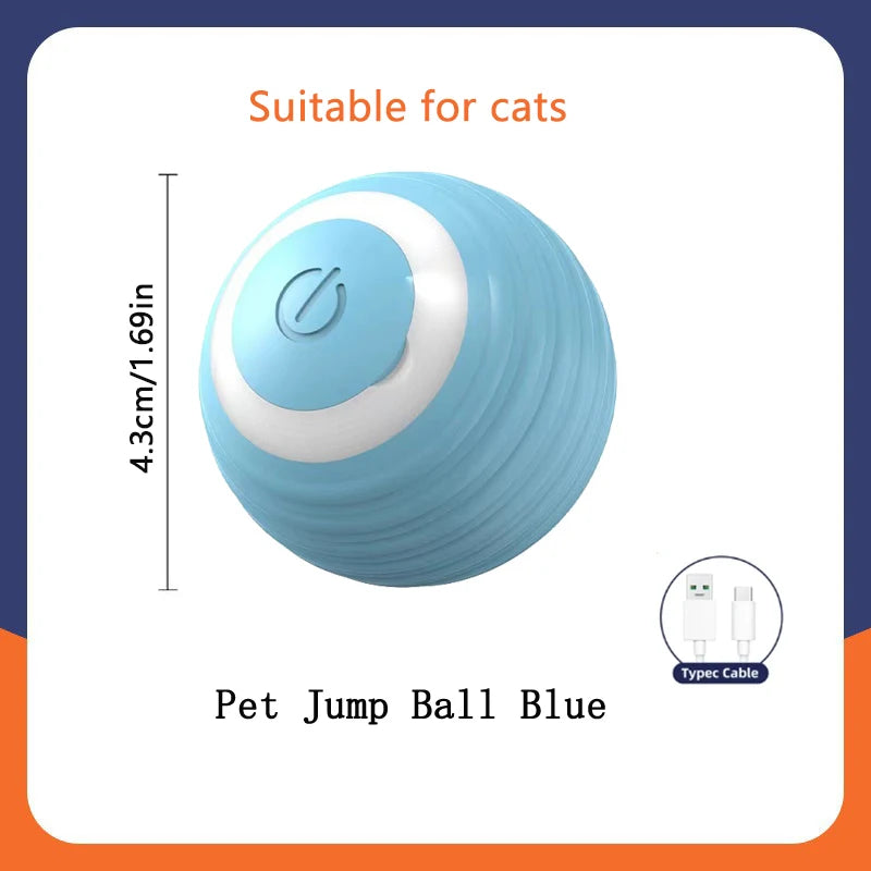 Blue pet jump ball with dimensions and text indicating suitability for cats on a white background.