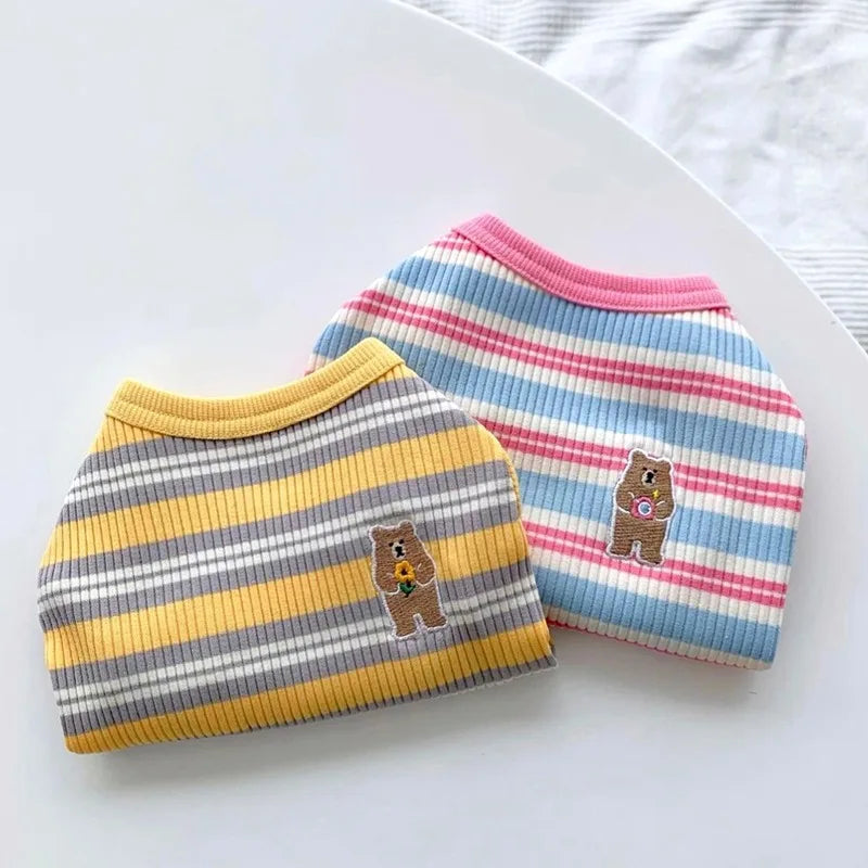 Small dog wearing the cotton rib sleeveless stripe vest