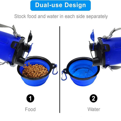 Blue dual-use pet feeder and water dispenser with food and water in separate compartments.
