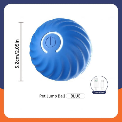 Blue pet jump ball with USB cable icon and dimensions on a white background