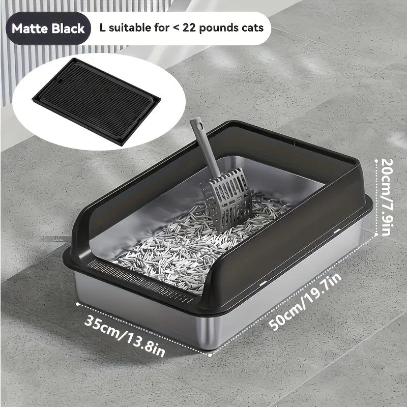 Cat litter box with dimensions and suitability for small cats on a concrete floor.