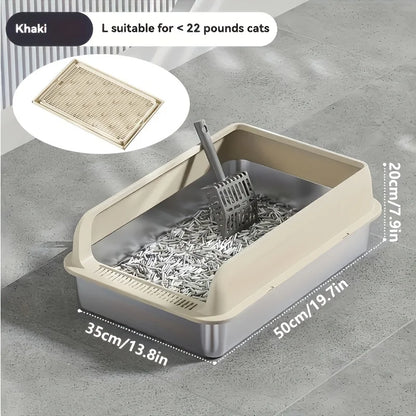 Cat litter box with dimensions and features on a gray floor