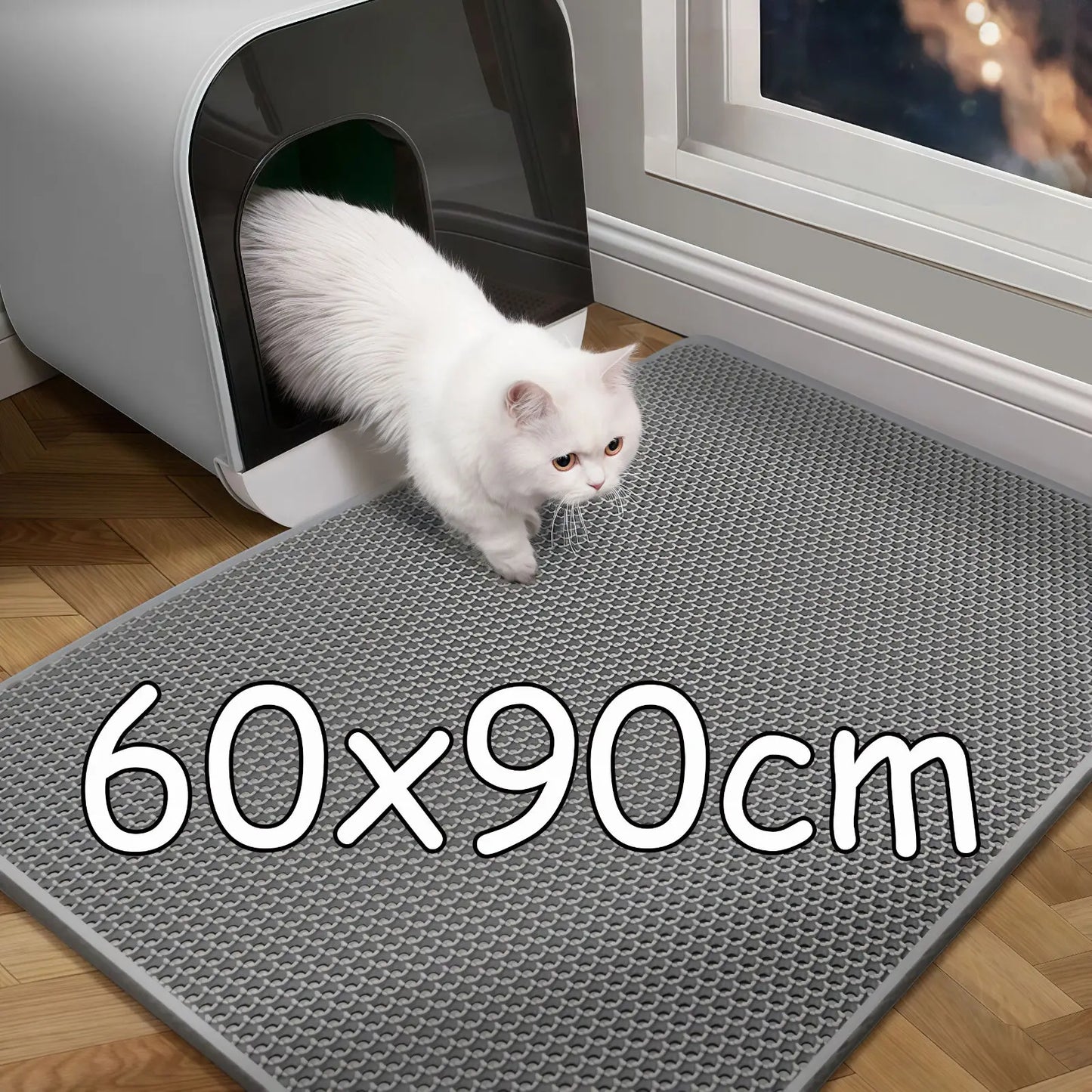 a cat litter with a dimension and a white cat.