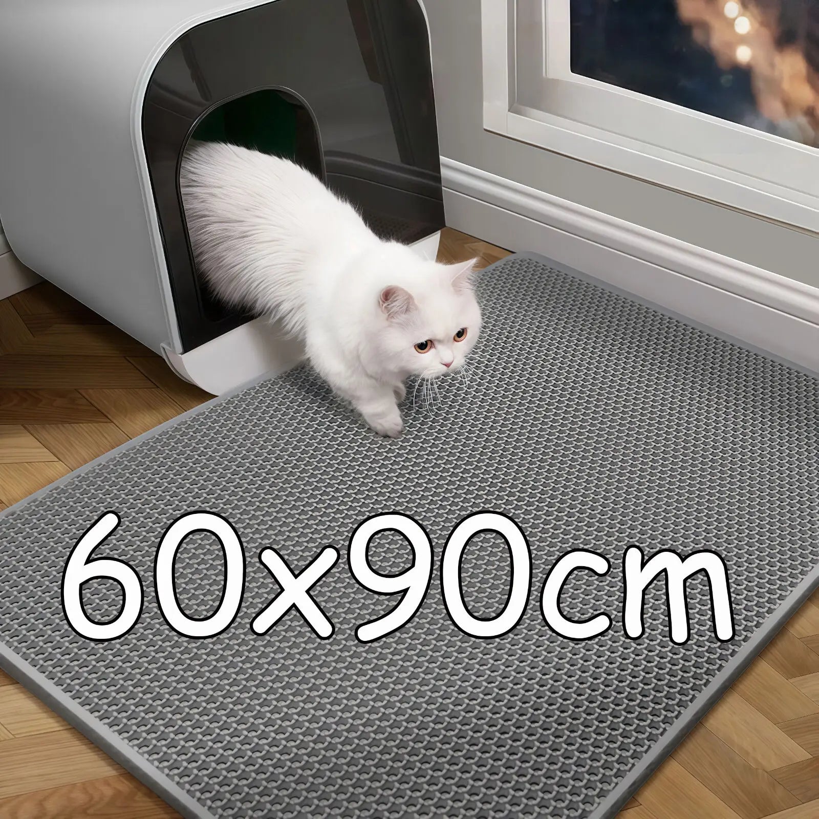 a cat litter with a dimension and a white cat.