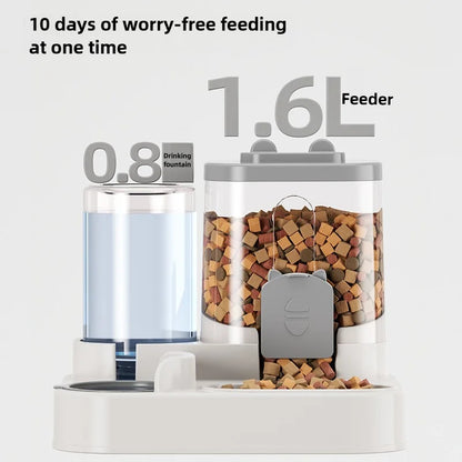Pet feeder and water dispenser with 1.6L capacity and 0.8L drinking fountain on a white background.