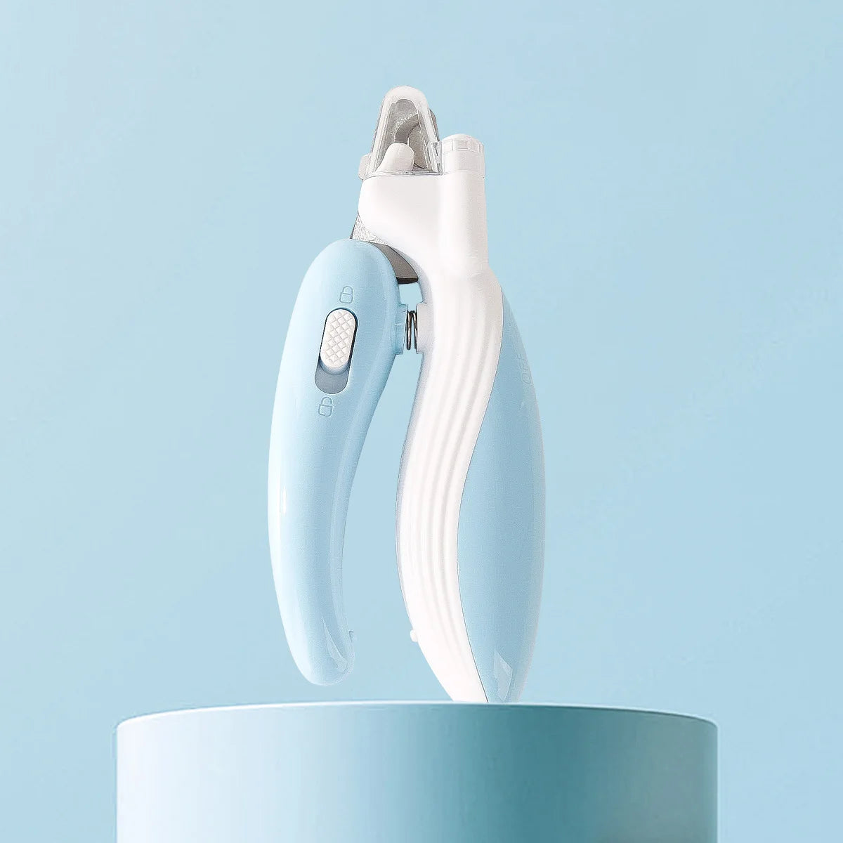 White and blue electronic device on a light blue background