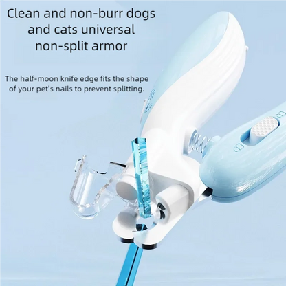 Pet nail trimming tool with text on a light blue background
